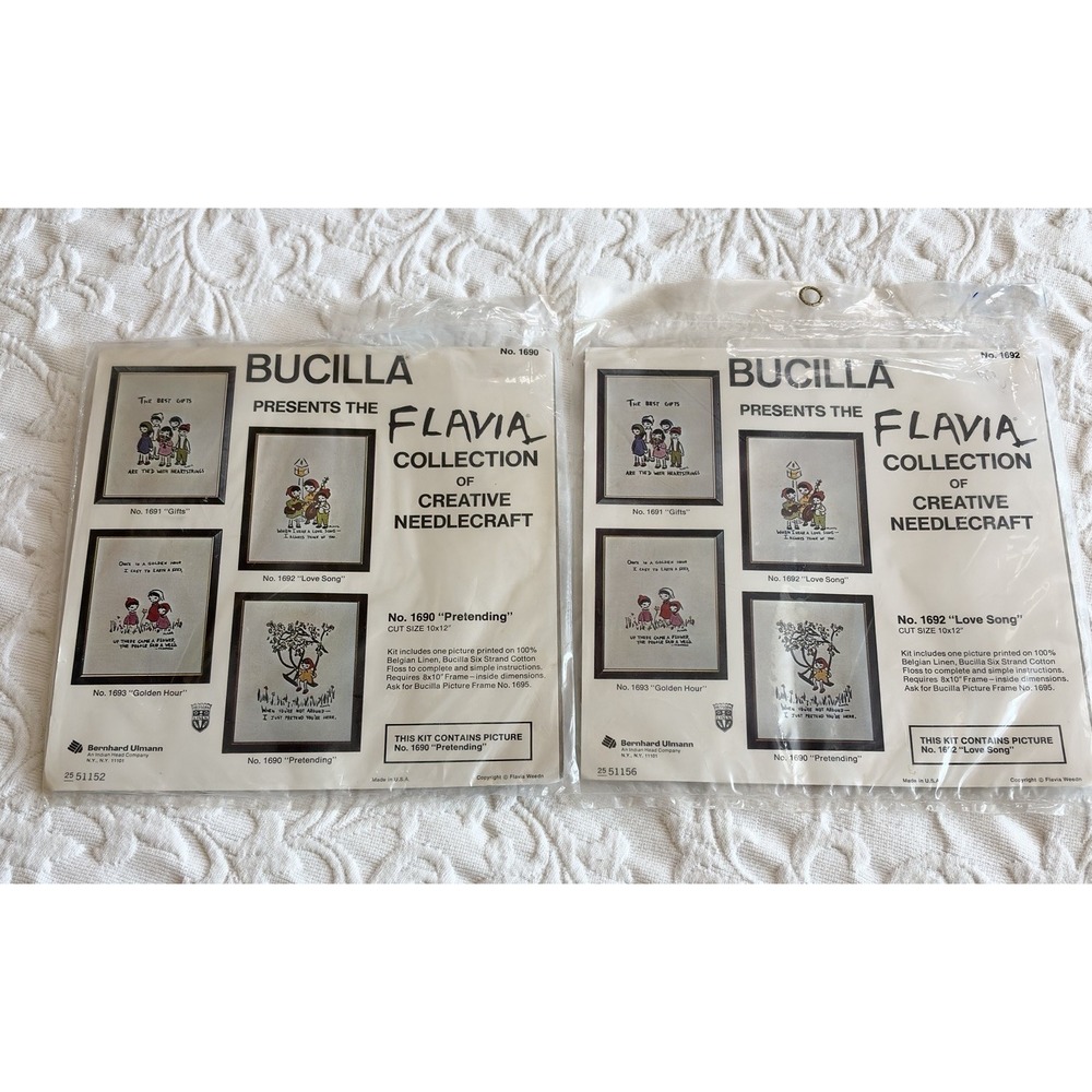 Vtg Lot 2 Vintage Bucilla Flavia Needlecraft Kits Love Song & Pretending Linen